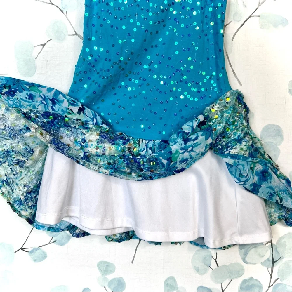 Justice Kids Turquoise Aqua Blue Dress Sequin Party Dress-up Floral Ruffled Lace - Picture 9 of 15